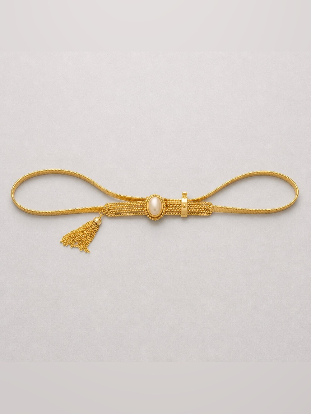 Accesocraft N.Y.C. Gold Stretch Belt With Tassel And Center Pearl Accent